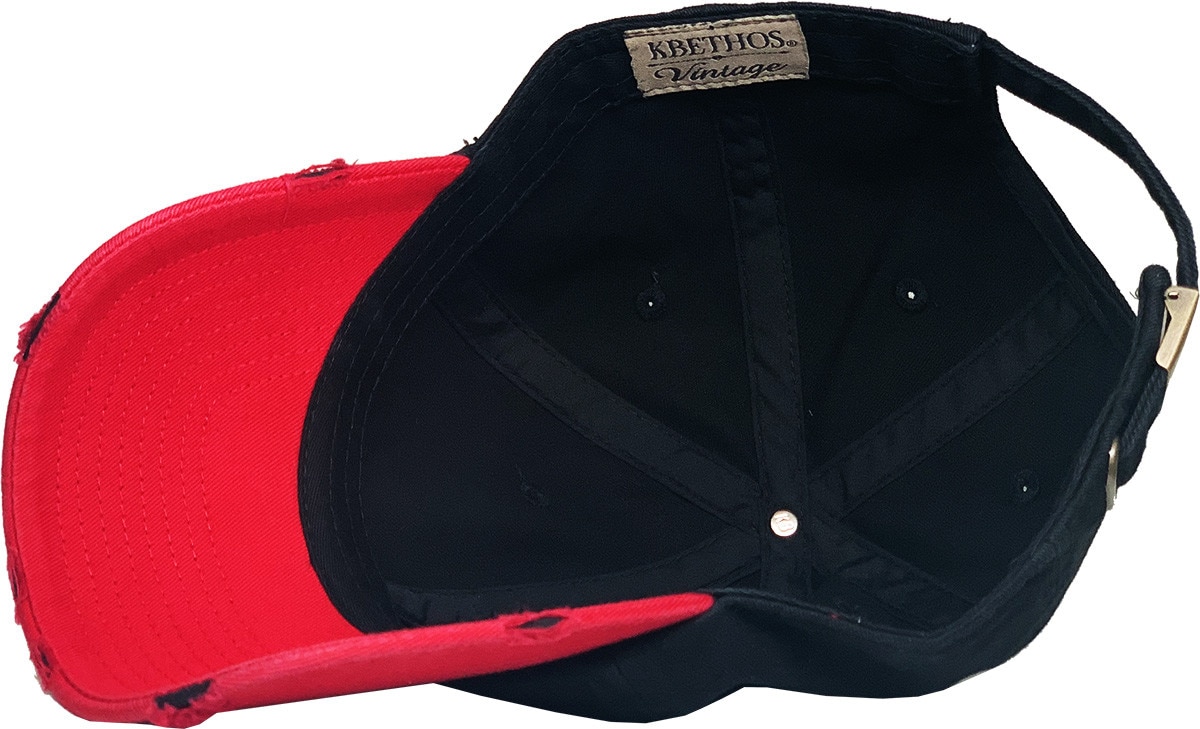 Black Red Two Tone Distressed Vintage Baseball Cap Inside Turned Over View